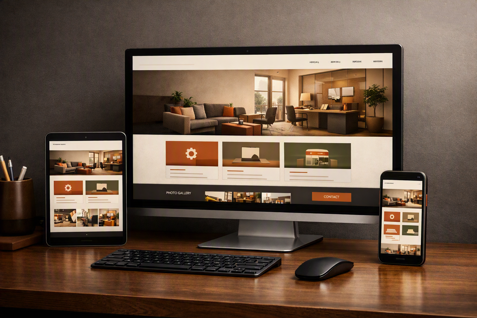 Responsive website displayed on a desktop monitor, tablet, and phone
