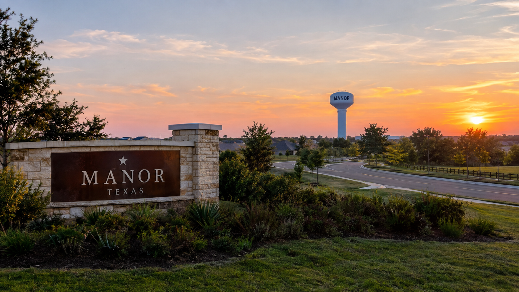 Manor, Texas welcome sign and water tower at sunset