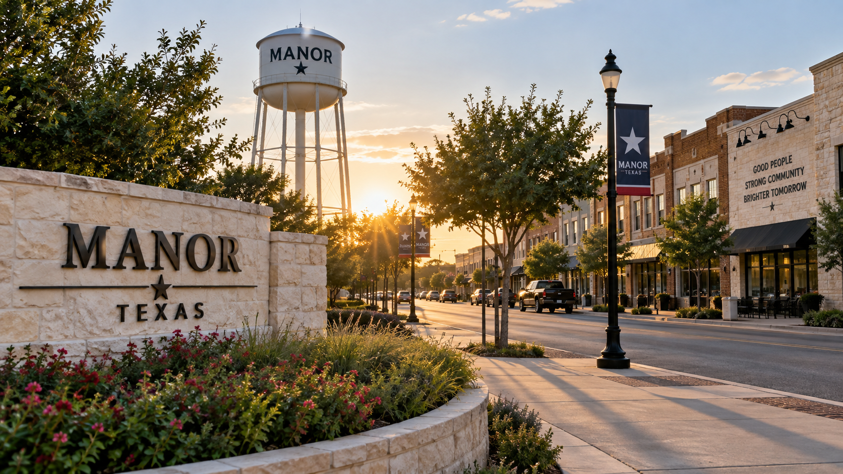 Manor, Texas welcome sign and water tower at sunset