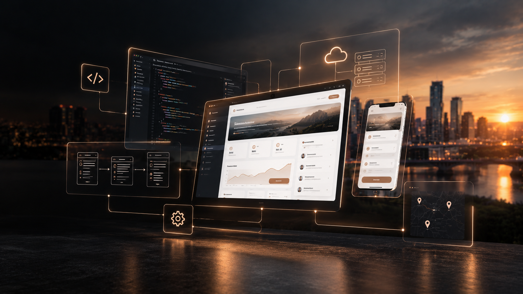 Web application interface displayed across desktop and mobile screens